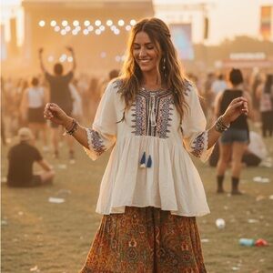 Embroidered Boho Cream Short Sleeve Peplum Style Top with Tie Accents Small